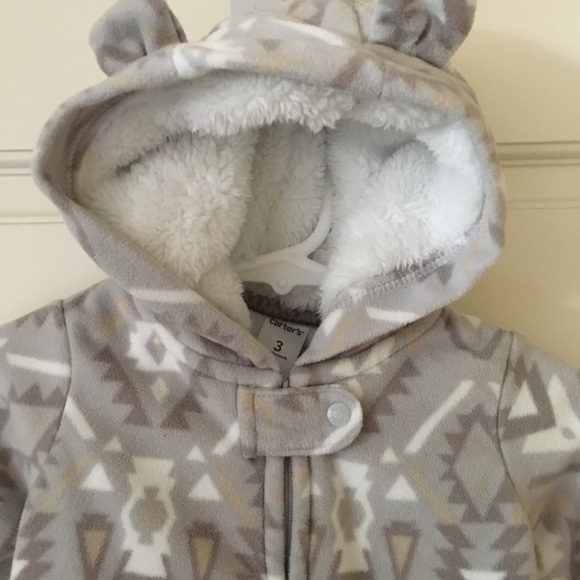 Carters (3M) Infant One piece Baby Footie Outerwear Hooded Fleece Foldover Mitts - Picture 3 of 8